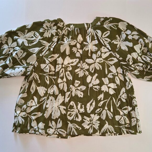 Sonoma Goods for Life Olive Green Floral Henley Top, 3XL, Balloon Sleeves - Picture 3 of 12